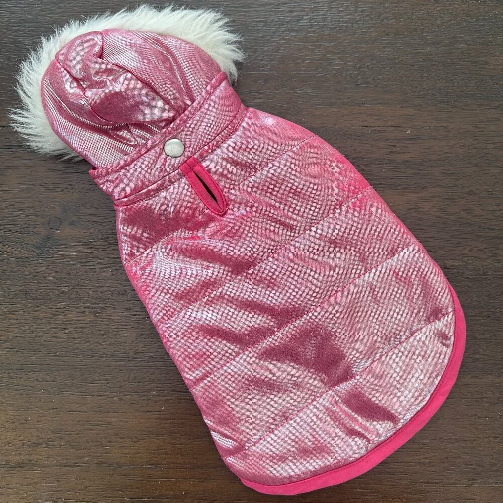 #PoshPets Metallic Pink Puffer Coat with Faux Fur Hood